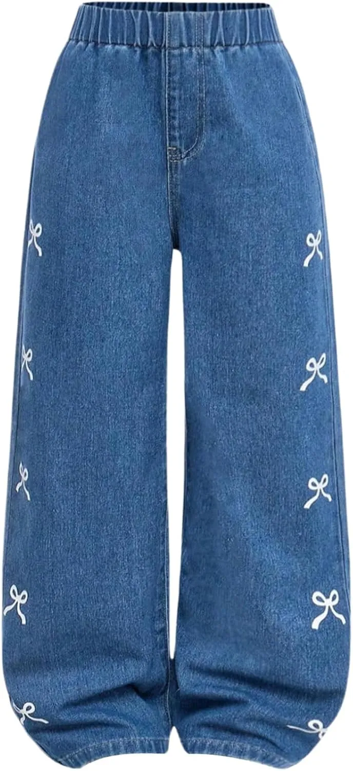 Girl's Bow Graphic Wide Leg Jeans Elastic High Waisted Denim Pants with Pockets