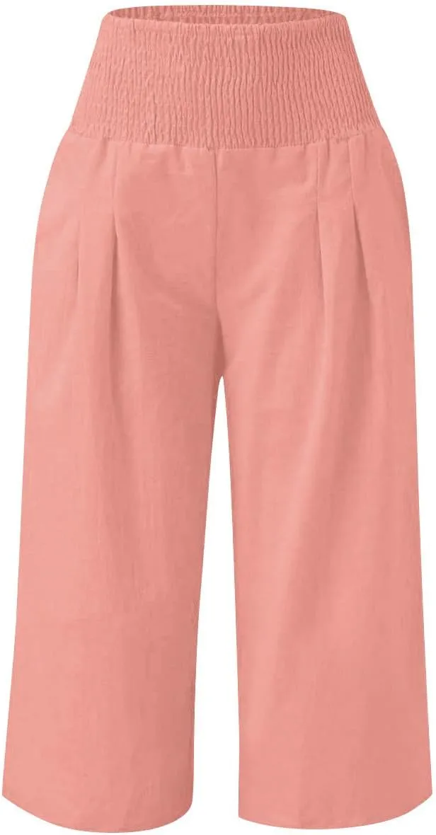 Girls Capri Pants Summer Cotton Linen Wide Leg Palazzo Pants Kids High Waisted Casual Yoga Athletic Cropped Trousers