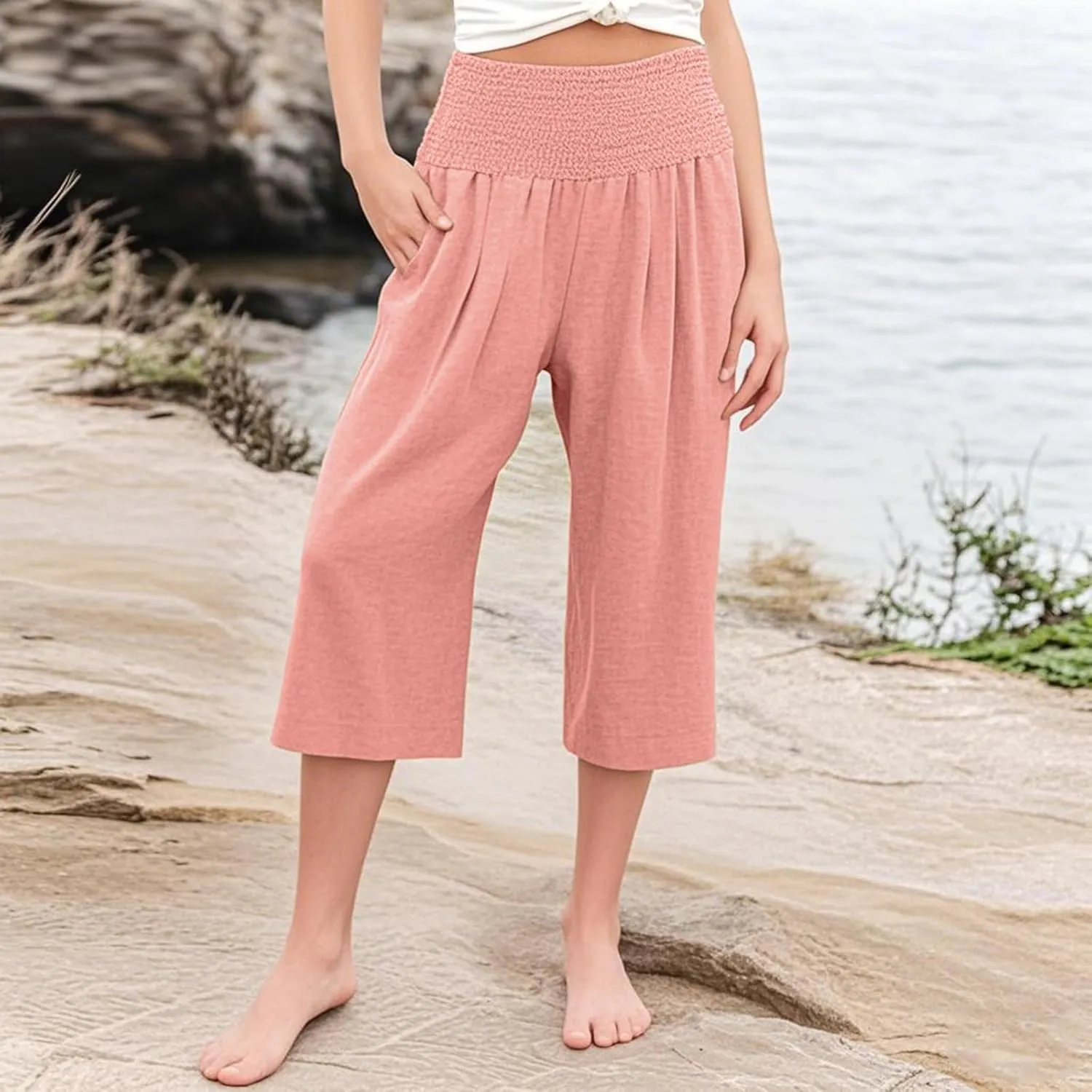Girls Capri Pants Summer Cotton Linen Wide Leg Palazzo Pants Kids High Waisted Casual Yoga Athletic Cropped Trousers