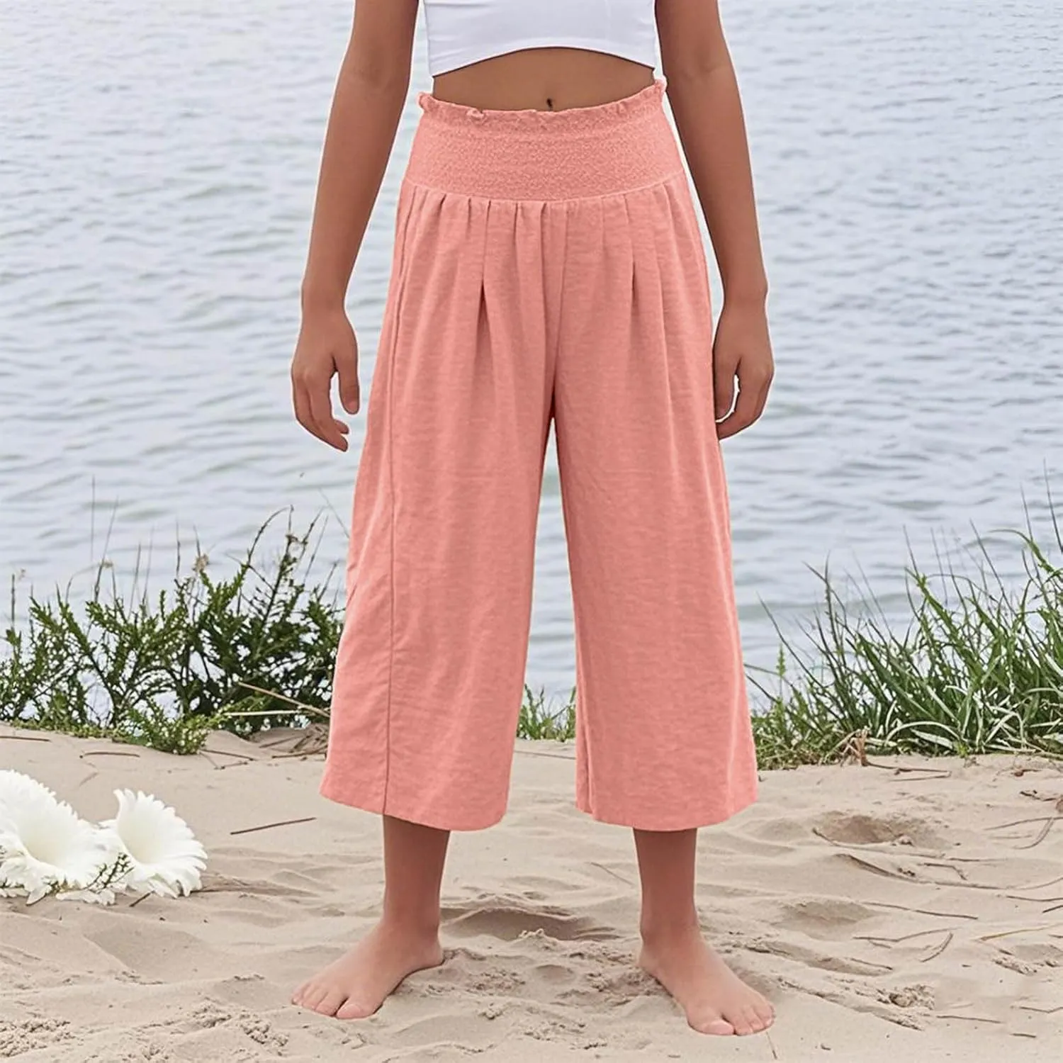 Girls Capri Pants Summer Cotton Linen Wide Leg Palazzo Pants Kids High Waisted Casual Yoga Athletic Cropped Trousers