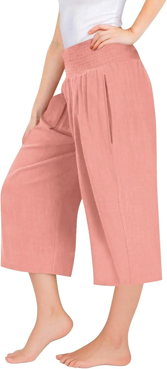 Girls Capri Pants Summer Cotton Linen Wide Leg Palazzo Pants Kids High Waisted Casual Yoga Athletic Cropped Trousers