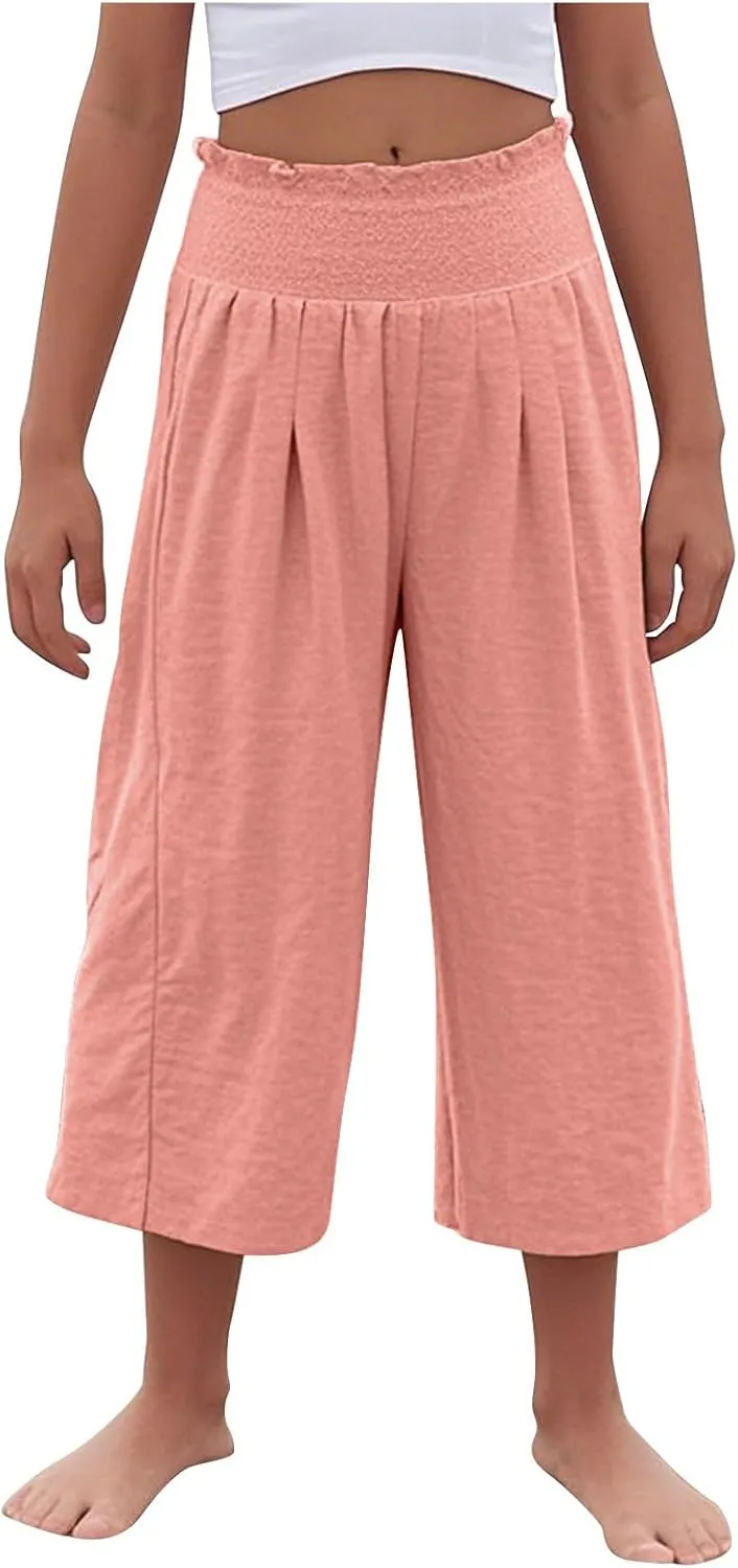 Girls Capri Pants Summer Cotton Linen Wide Leg Palazzo Pants Kids High Waisted Casual Yoga Athletic Cropped Trousers