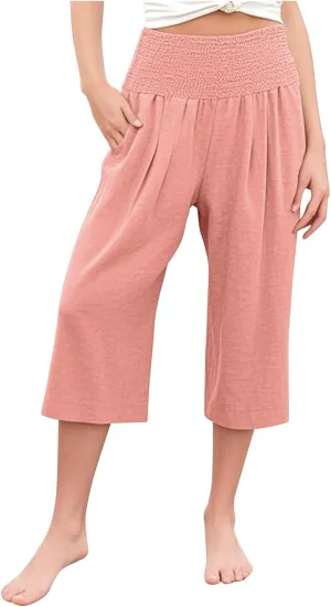 Girls Capri Pants Summer Cotton Linen Wide Leg Palazzo Pants Kids High Waisted Casual Yoga Athletic Cropped Trousers