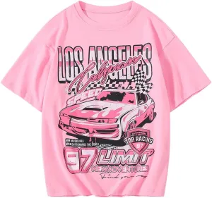 Girl's Car Letter Graphic Print Round Neck Short Sleeve Tee Summer Casual T Shirt Graphics Tee Shirt