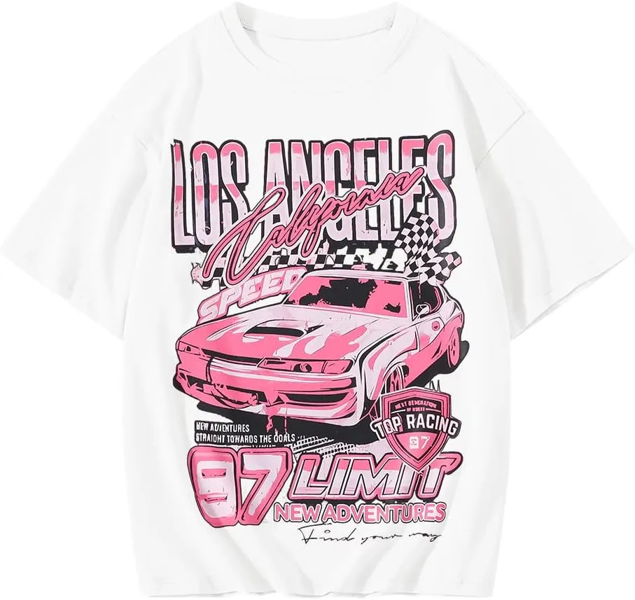 Girl's Car Letter Graphic Print Round Neck Short Sleeve Tee Summer Casual T Shirt Graphics Tee Shirt