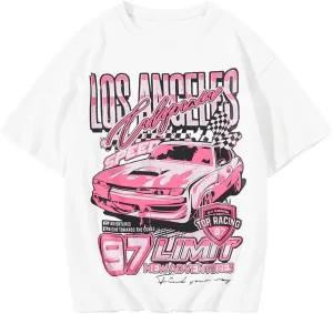 Girl's Car Letter Graphic Print Round Neck Short Sleeve Tee Summer Casual T Shirt Graphics Tee Shirt