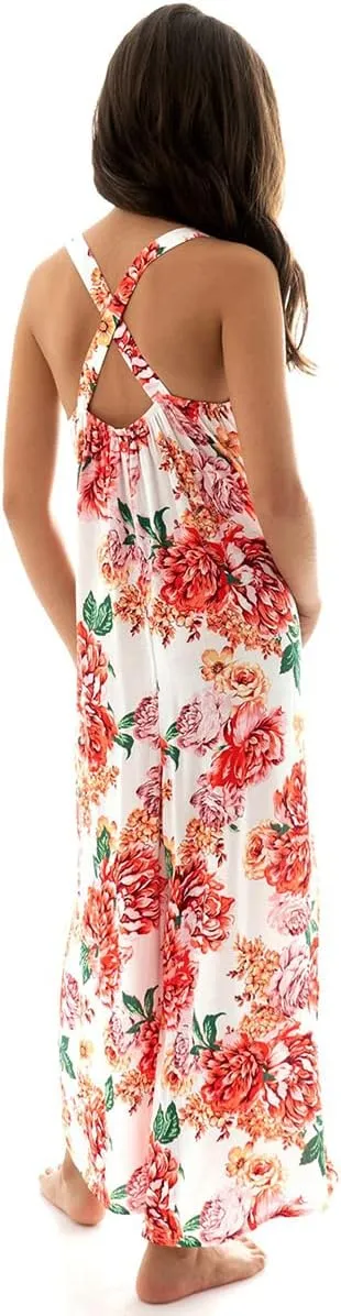Girls Floral Backless Maxi Jumpsuit Teen Wide Leg Rompers Kids Summer Casual Boho Overalls Pants