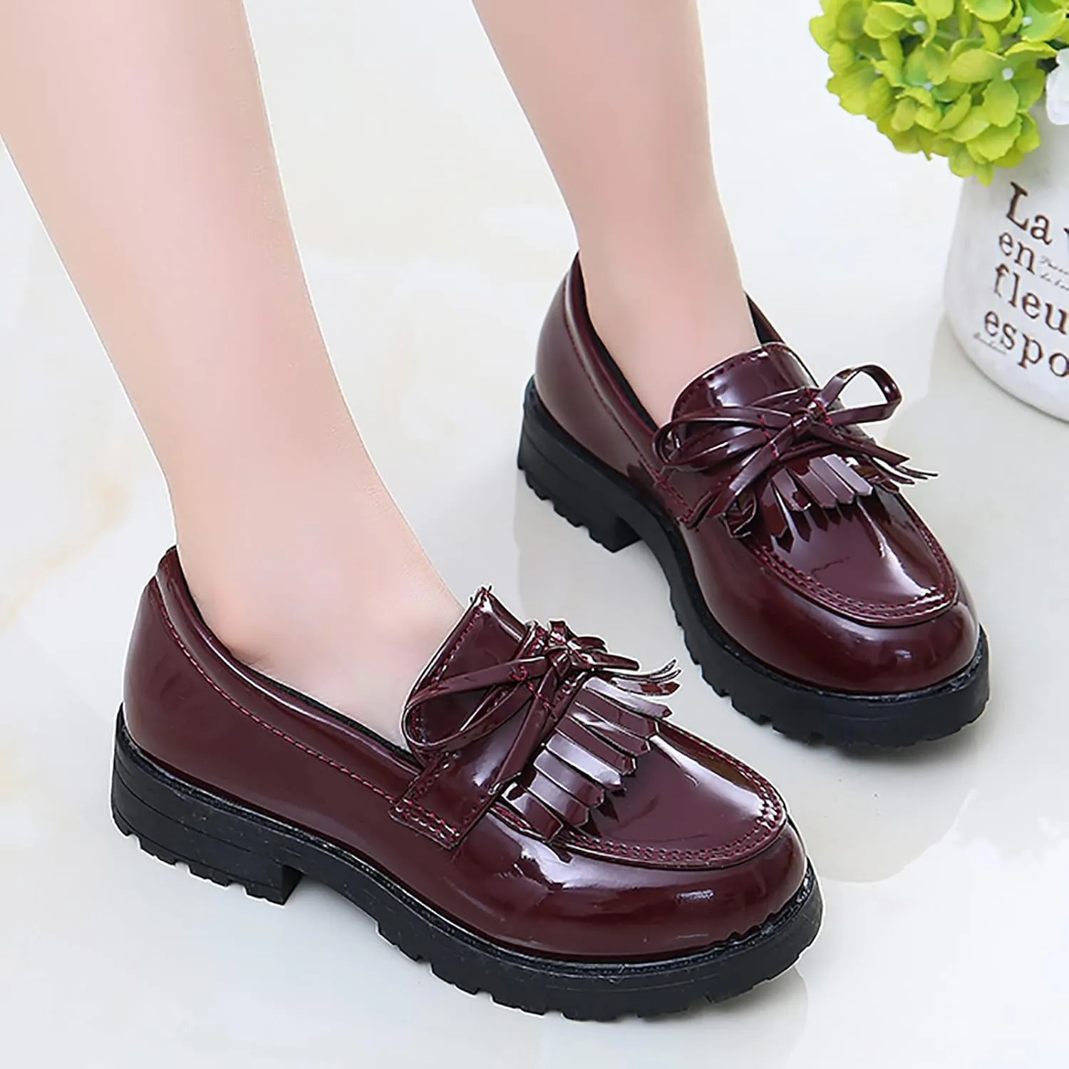 Girls Slip On Leather Loafer Tassel Bow School Dress Shoes for Girls Boys Shoes Size 9