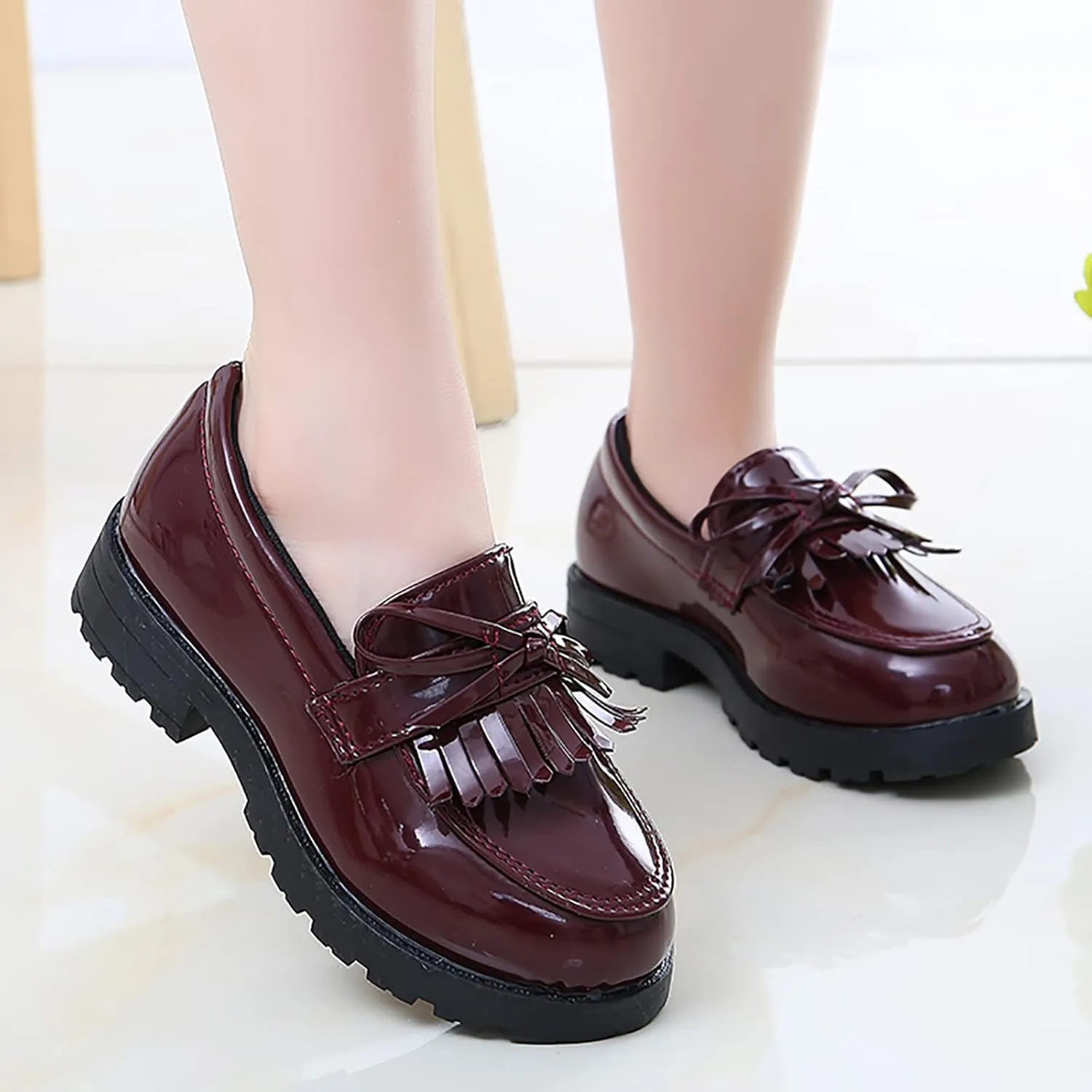 Girls Slip On Leather Loafer Tassel Bow School Dress Shoes for Girls Boys Shoes Size 9