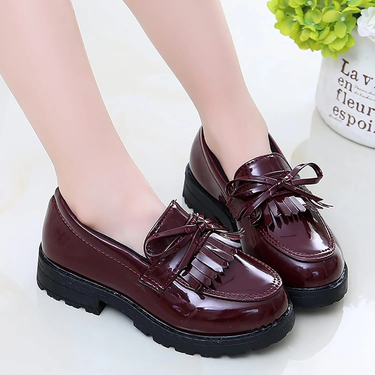 Girls Slip On Leather Loafer Tassel Bow School Dress Shoes for Girls Boys Shoes Size 9