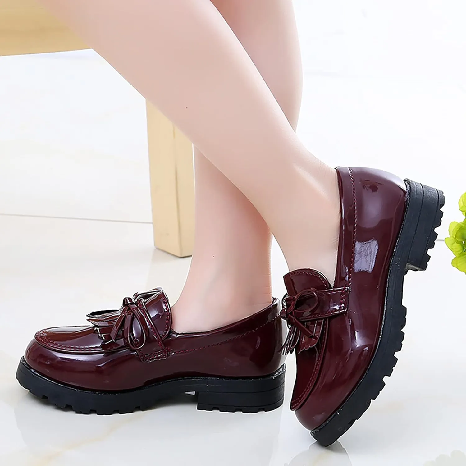 Girls Slip On Leather Loafer Tassel Bow School Dress Shoes for Girls Boys Shoes Size 9