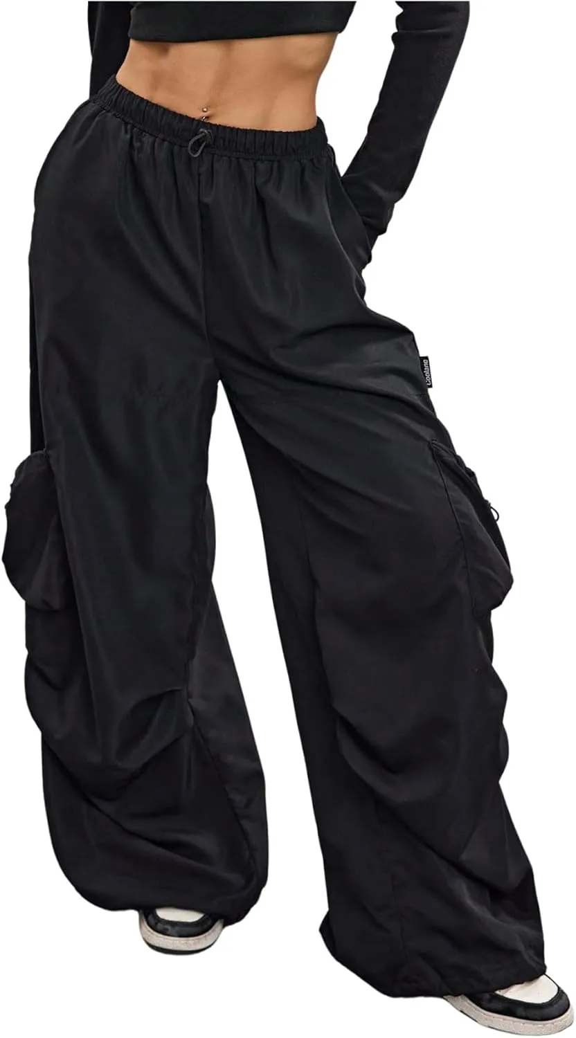 Girl's Straight Leg Cargo Pants Elastic High Waisted Baggy Track Wide Leg Trousers with Pocket