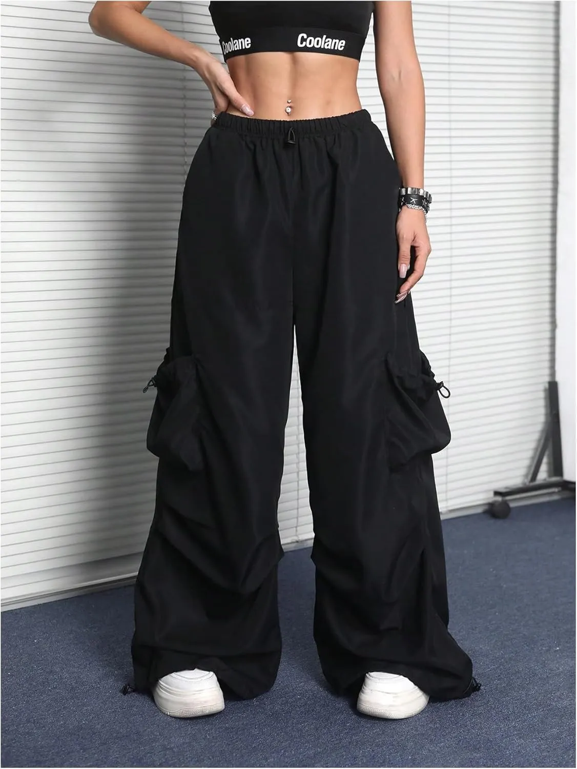Girl's Straight Leg Cargo Pants Elastic High Waisted Baggy Track Wide Leg Trousers with Pocket
