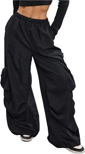 Girl's Straight Leg Cargo Pants Elastic High Waisted Baggy Track Wide Leg Trousers with Pocket