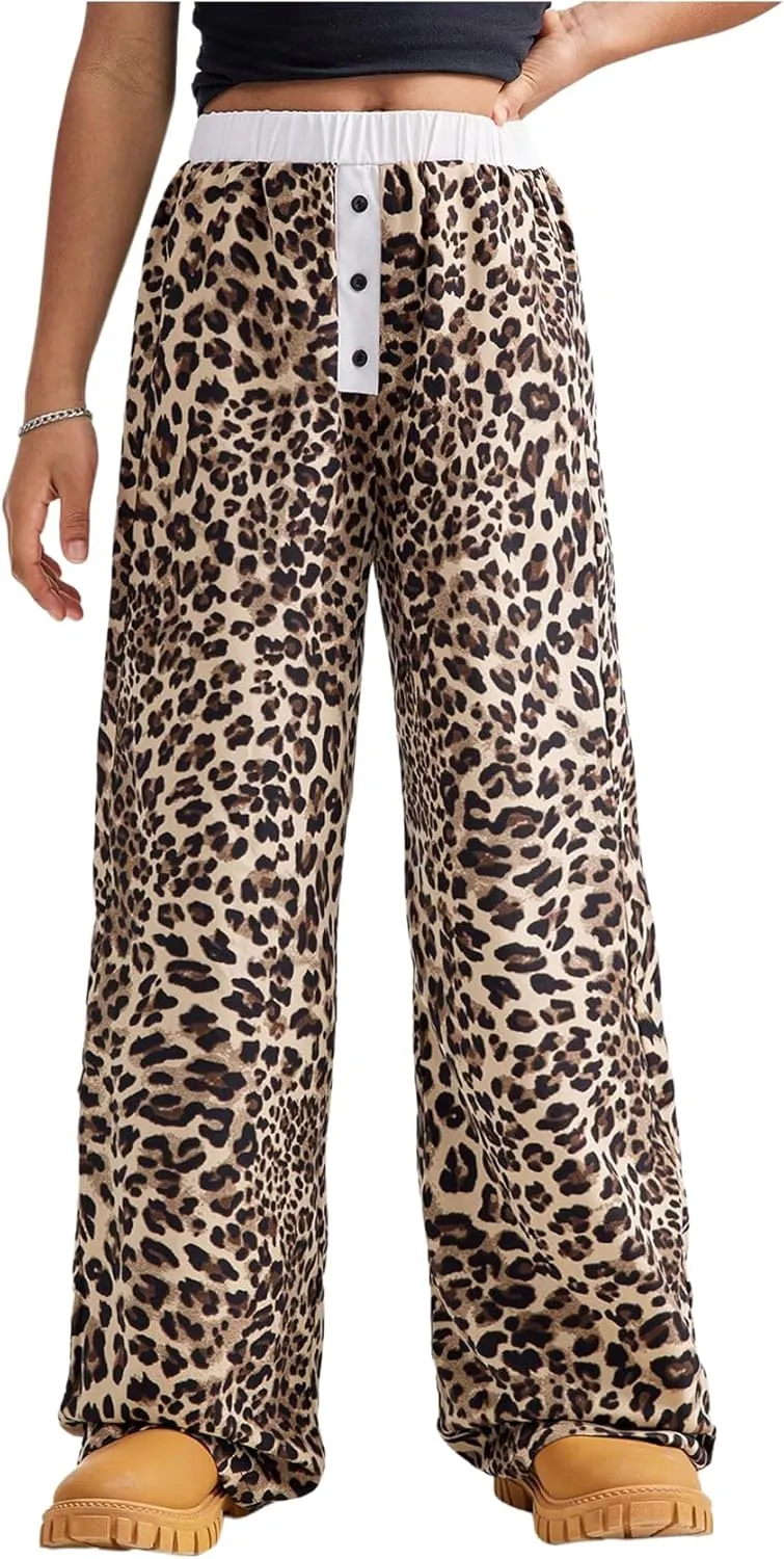 Girl's Y2K Leopard Print Elastic Waist Track Pants Cheetah Straight Leg Trousers Streetwear