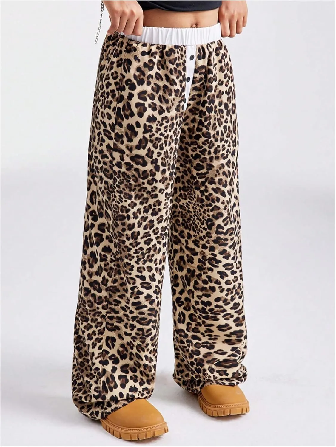 Girl's Y2K Leopard Print Elastic Waist Track Pants Cheetah Straight Leg Trousers Streetwear