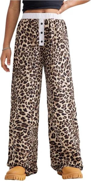 Girl's Y2K Leopard Print Elastic Waist Track Pants Cheetah Straight Leg Trousers Streetwear