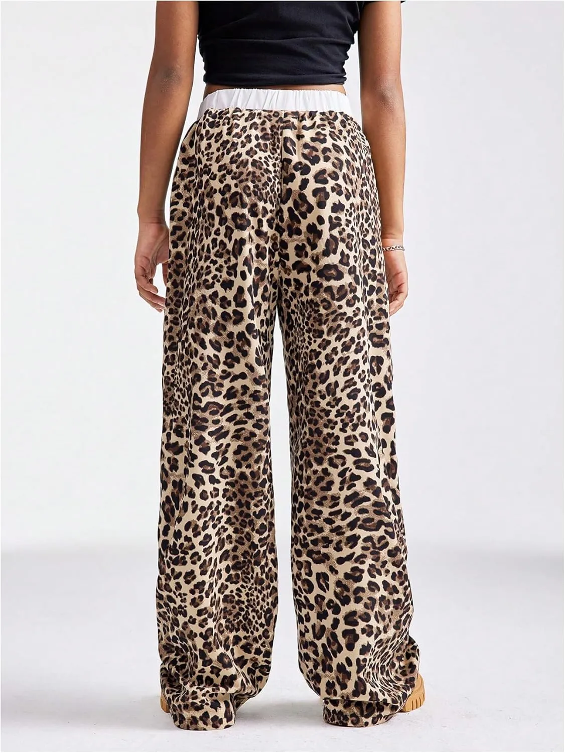Girl's Y2K Leopard Print Elastic Waist Track Pants Cheetah Straight Leg Trousers Streetwear