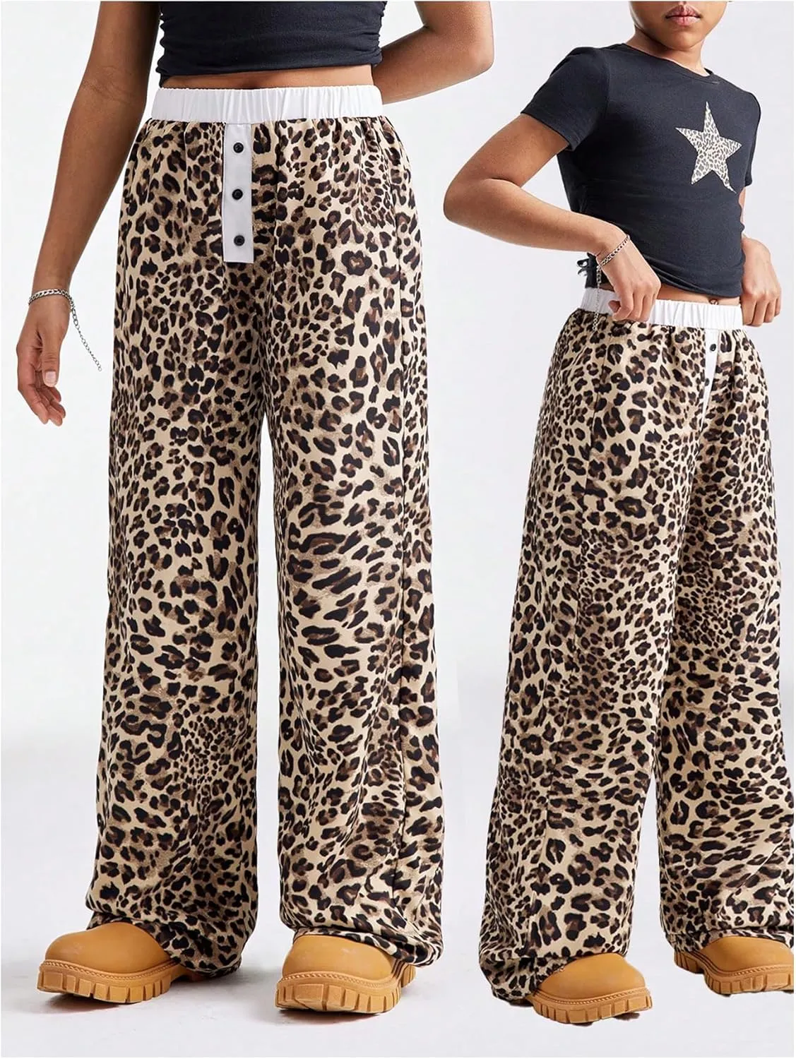 Girl's Y2K Leopard Print Elastic Waist Track Pants Cheetah Straight Leg Trousers Streetwear