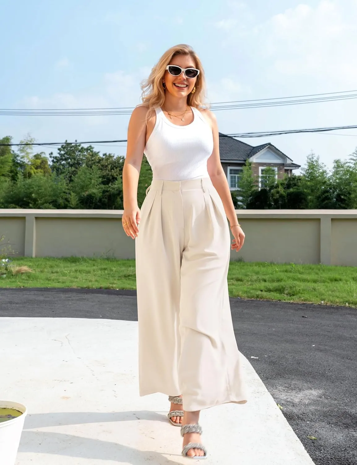 GOKATOSAU Women's Loose Fit High Elastic Waisted Wide Leg Straight Long Trousers Suit Pants