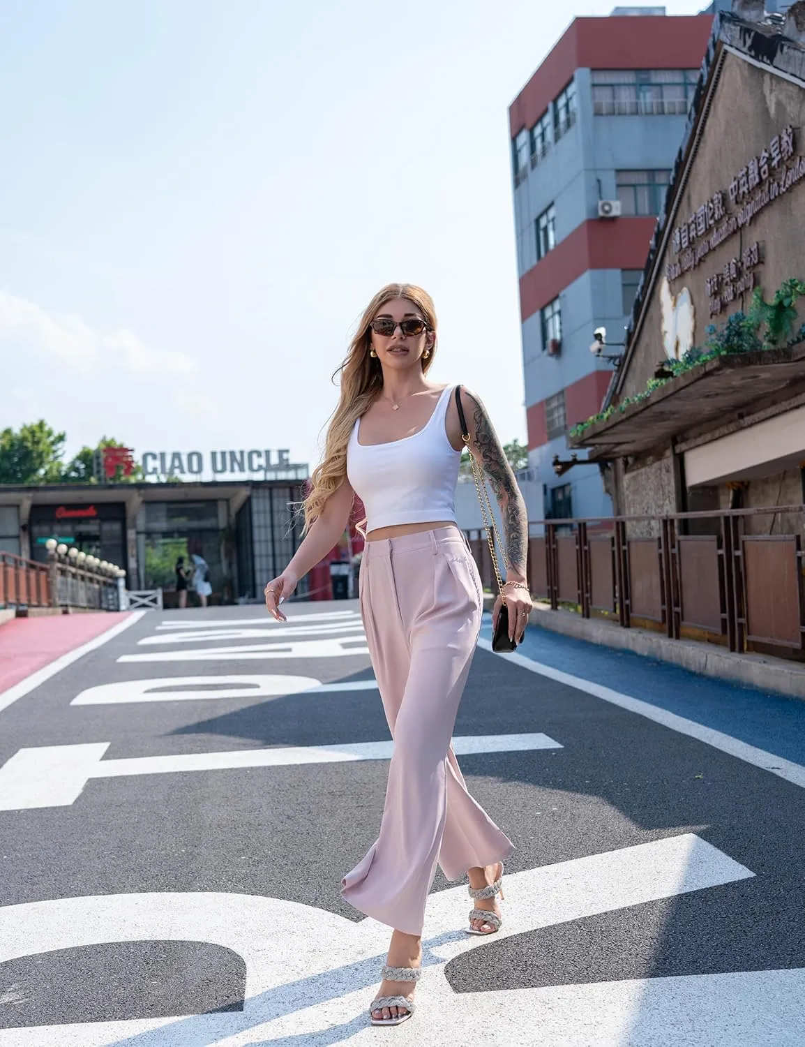 GOKATOSAU Women's Loose Fit High Elastic Waisted Wide Leg Straight Long Trousers Suit Pants