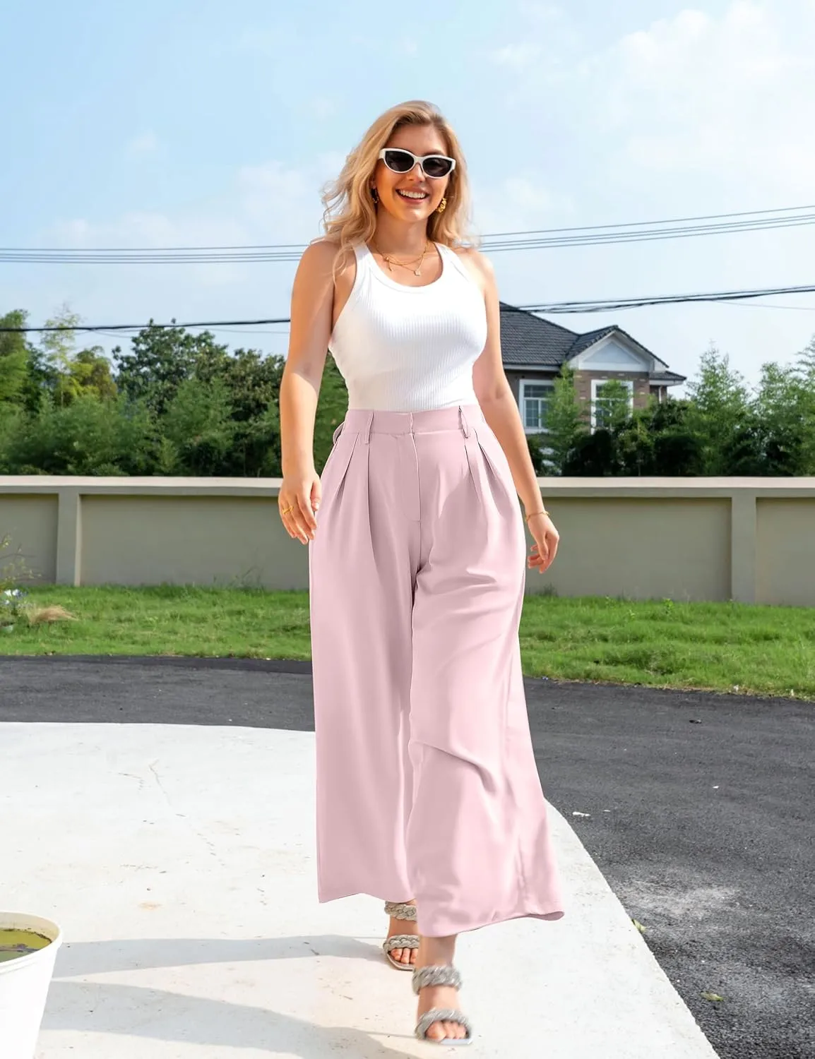 GOKATOSAU Women's Loose Fit High Elastic Waisted Wide Leg Straight Long Trousers Suit Pants