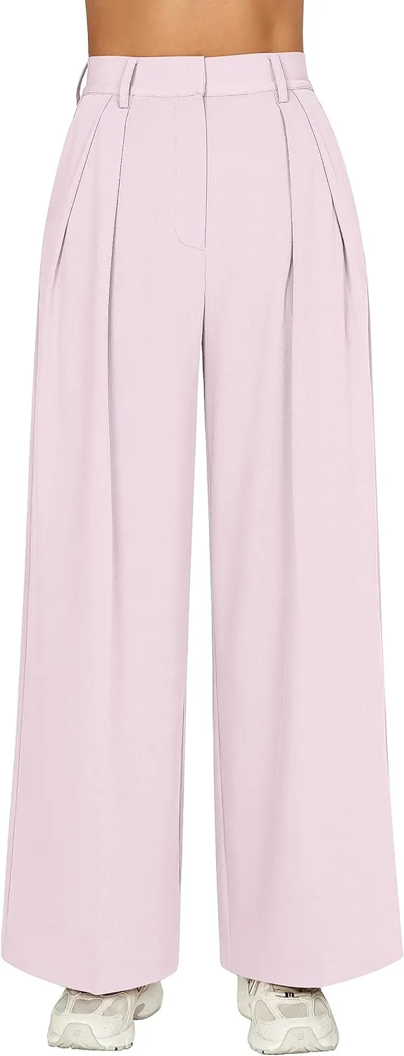 GOKATOSAU Women's Loose Fit High Elastic Waisted Wide Leg Straight Long Trousers Suit Pants