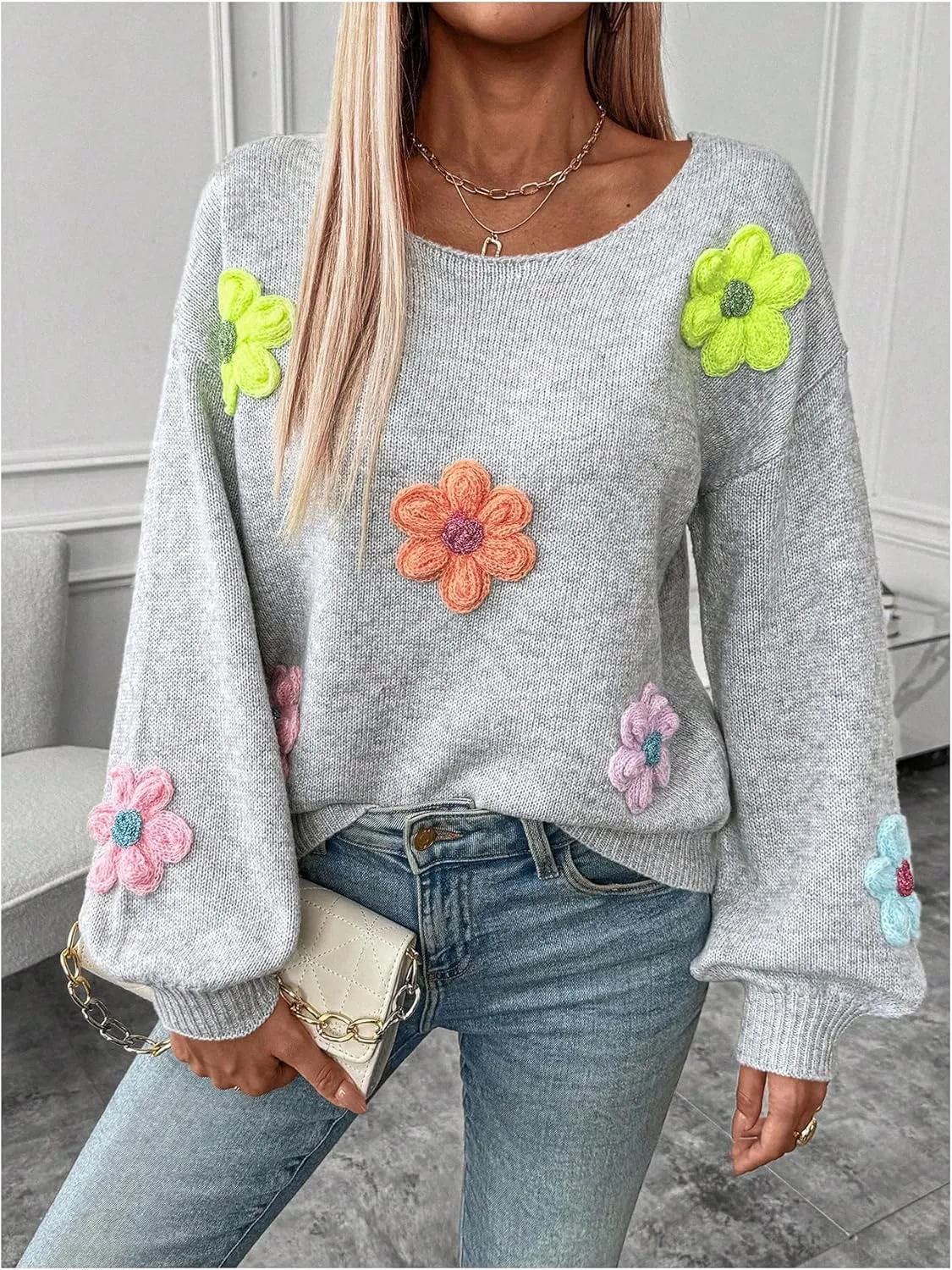 GORGLITTER Women's 3D Floral Fall Sweaters Long Lantern Sleeve Scoop Neck Knit Pullover Tops