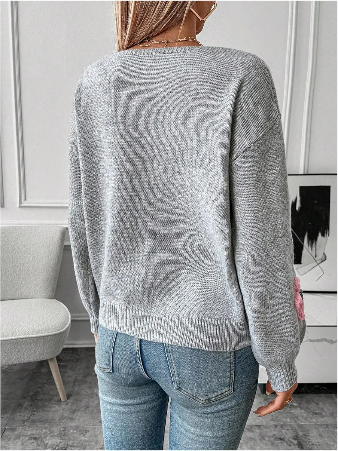 GORGLITTER Women's 3D Floral Fall Sweaters Long Lantern Sleeve Scoop Neck Knit Pullover Tops