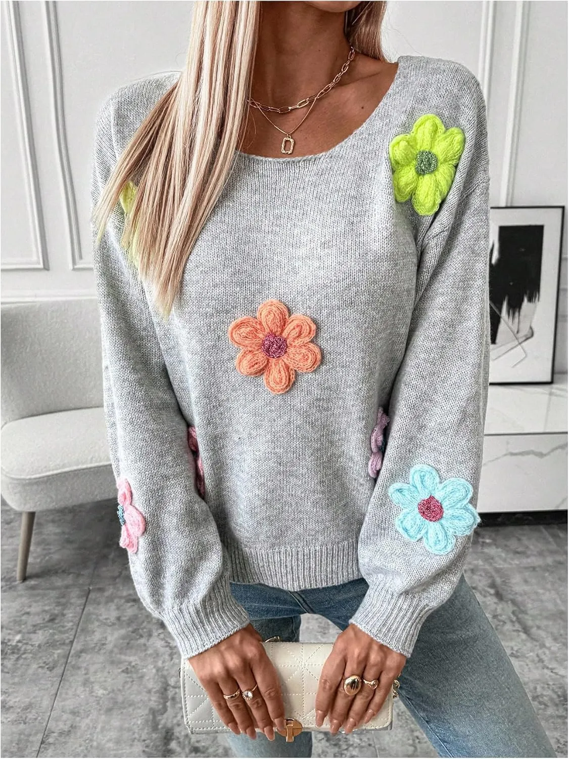 GORGLITTER Women's 3D Floral Fall Sweaters Long Lantern Sleeve Scoop Neck Knit Pullover Tops