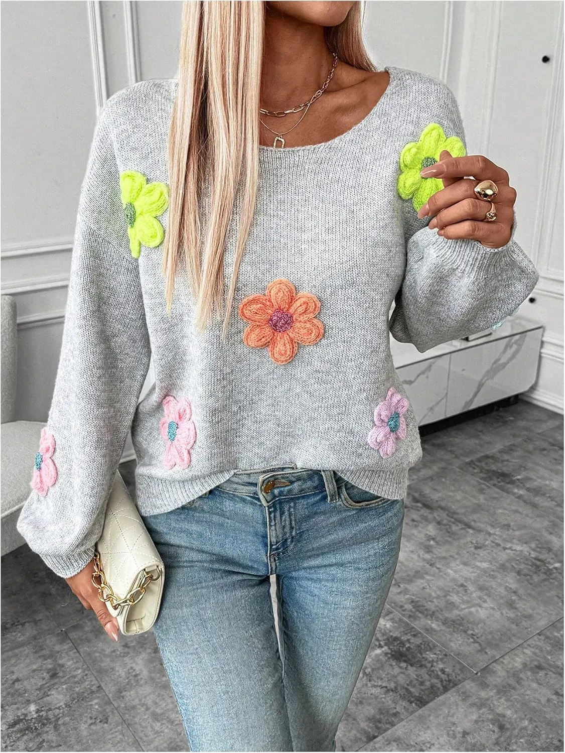 GORGLITTER Women's 3D Floral Fall Sweaters Long Lantern Sleeve Scoop Neck Knit Pullover Tops
