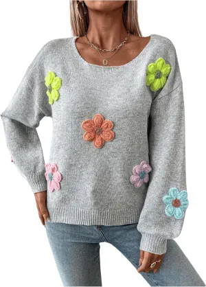 GORGLITTER Women's 3D Floral Fall Sweaters Long Lantern Sleeve Scoop Neck Knit Pullover Tops