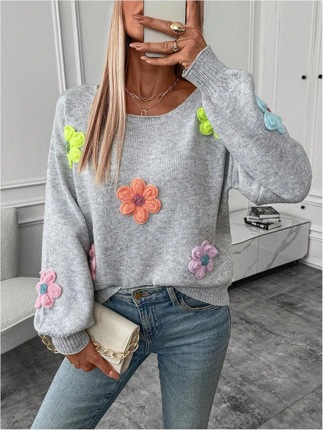 GORGLITTER Women's 3D Floral Fall Sweaters Long Lantern Sleeve Scoop Neck Knit Pullover Tops