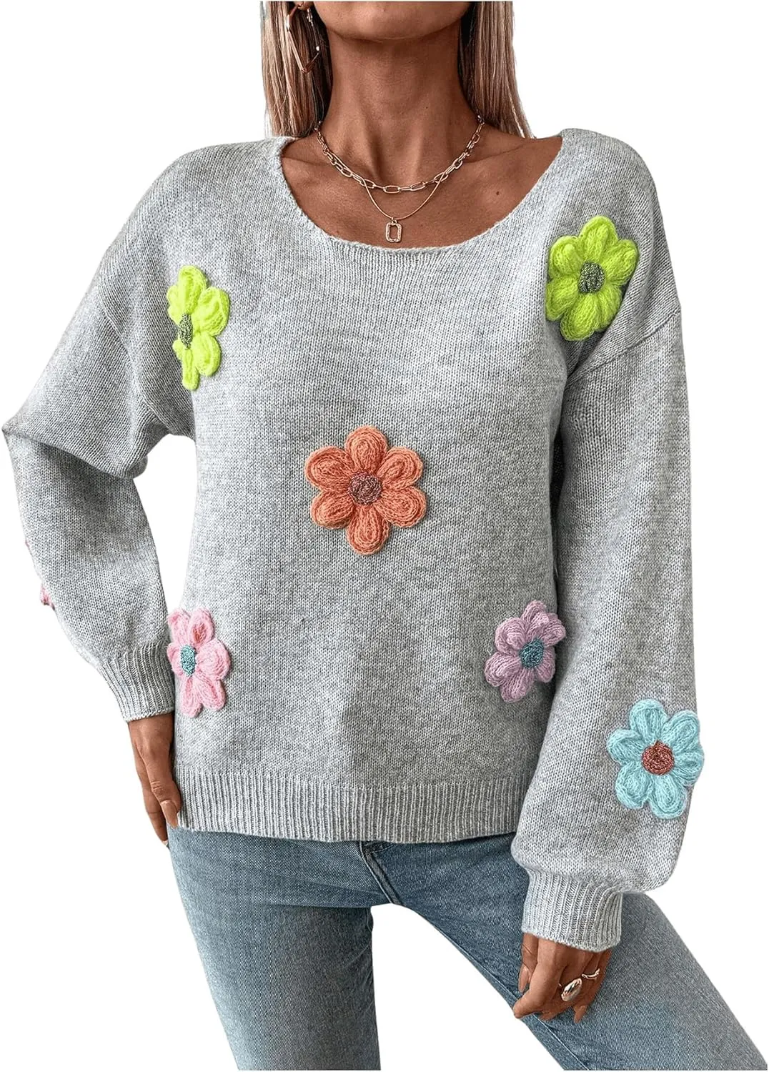 GORGLITTER Women's 3D Floral Fall Sweaters Long Lantern Sleeve Scoop Neck Knit Pullover Tops