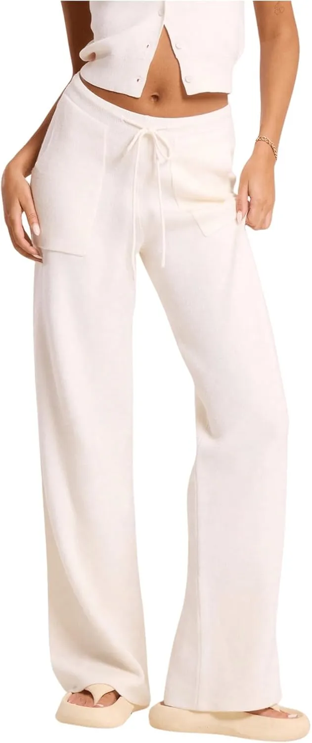 GORGLITTER Women's Solid Color Cable Knitted Flared Leg Pants Elastic Waist Bell Bottom Pant Streetwear