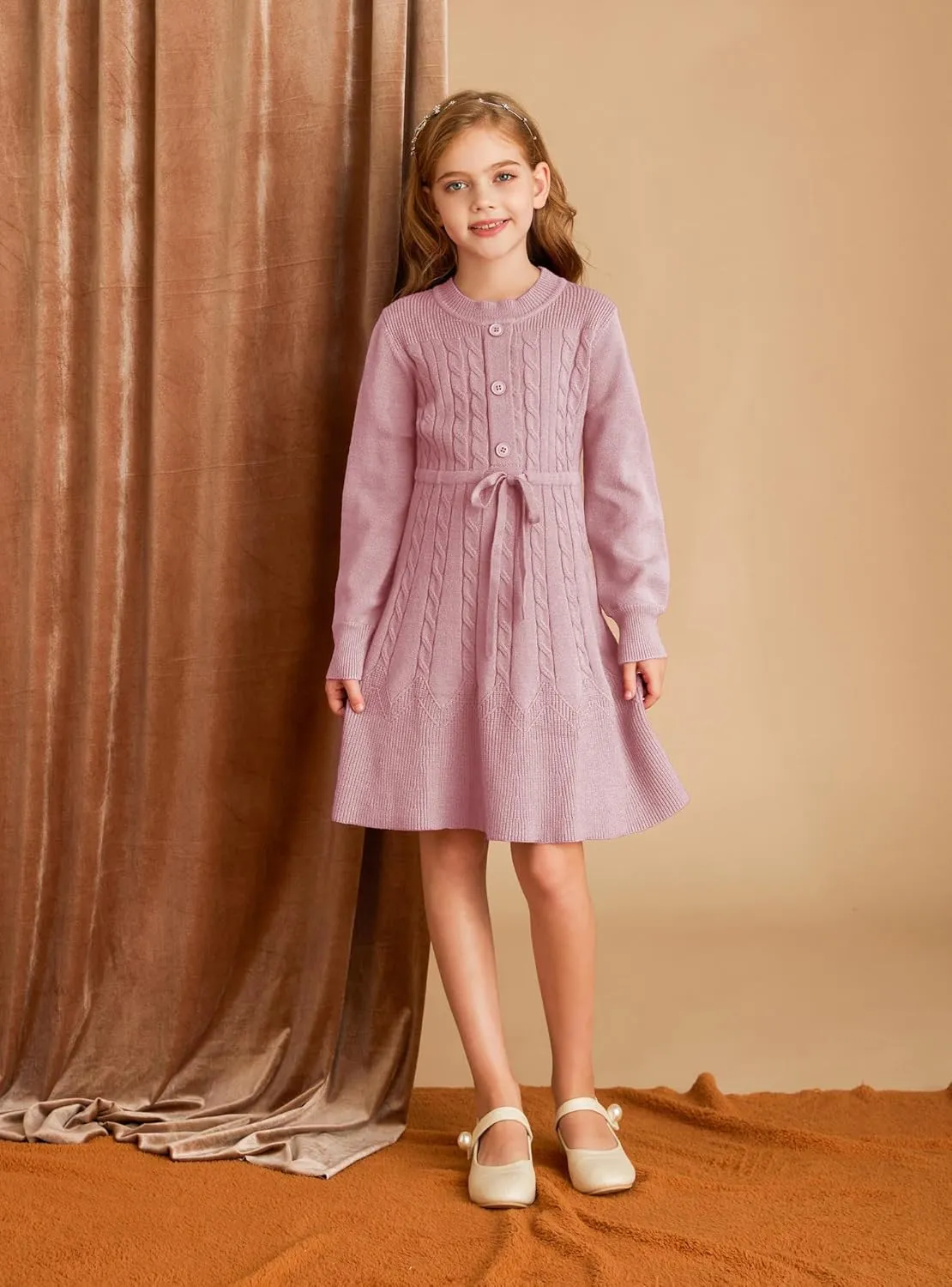GRACE KARIN Girls Sweater Dress Fall Winter Long Sleeve Kids Fashion Drawstring Waist Cable Knit Dresses Size 5-12