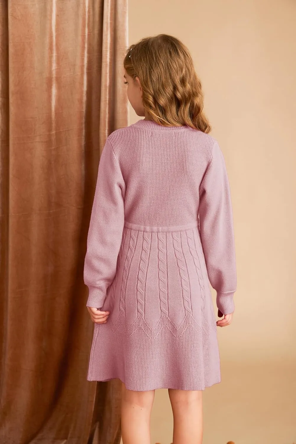 GRACE KARIN Girls Sweater Dress Fall Winter Long Sleeve Kids Fashion Drawstring Waist Cable Knit Dresses Size 5-12