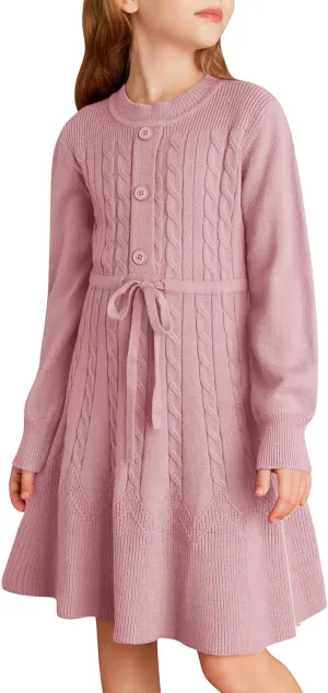 GRACE KARIN Girls Sweater Dress Fall Winter Long Sleeve Kids Fashion Drawstring Waist Cable Knit Dresses Size 5-12