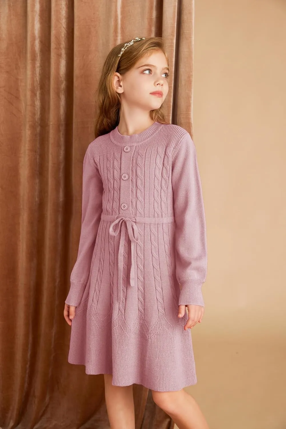 GRACE KARIN Girls Sweater Dress Fall Winter Long Sleeve Kids Fashion Drawstring Waist Cable Knit Dresses Size 5-12