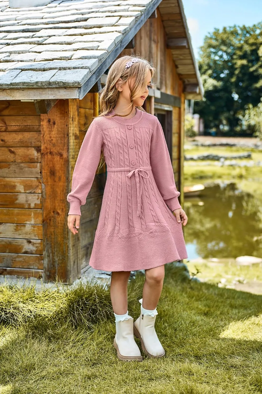 GRACE KARIN Girls Sweater Dress Fall Winter Long Sleeve Kids Fashion Drawstring Waist Cable Knit Dresses Size 5-12