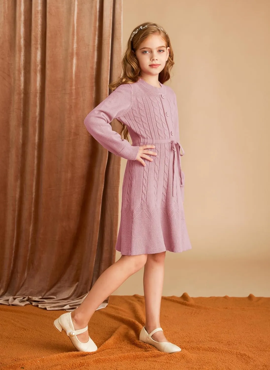 GRACE KARIN Girls Sweater Dress Fall Winter Long Sleeve Kids Fashion Drawstring Waist Cable Knit Dresses Size 5-12