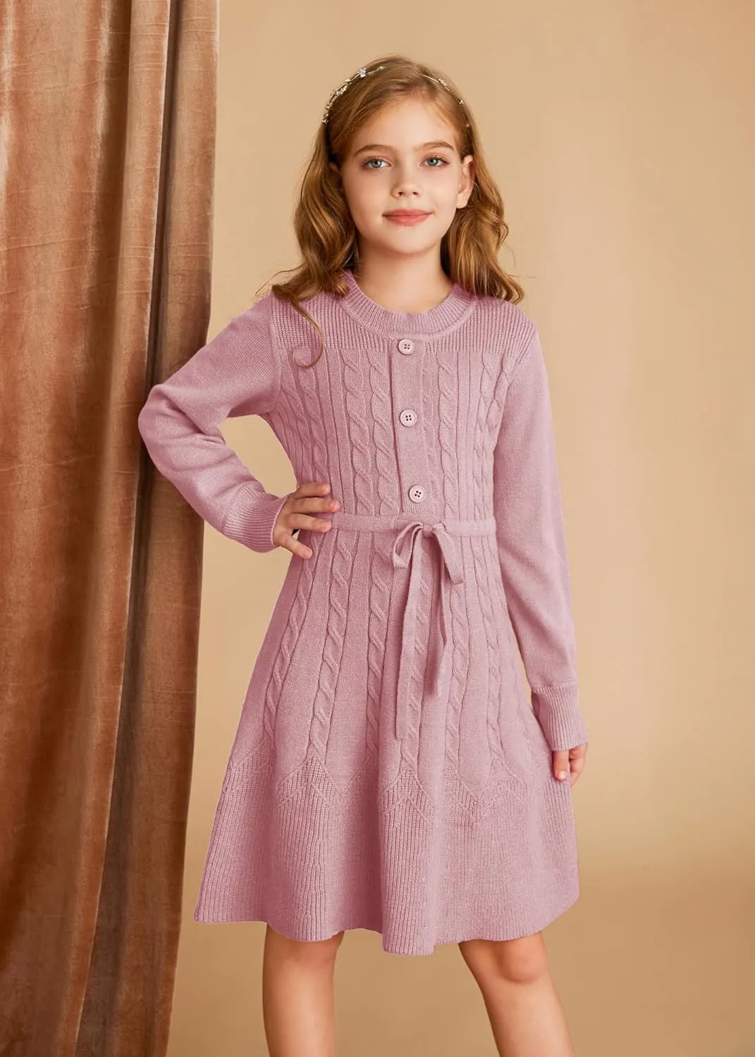 GRACE KARIN Girls Sweater Dress Fall Winter Long Sleeve Kids Fashion Drawstring Waist Cable Knit Dresses Size 5-12