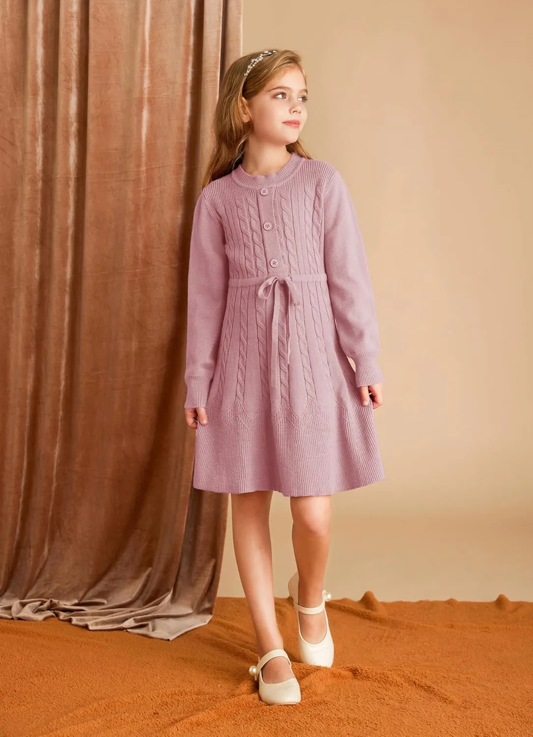 GRACE KARIN Girls Sweater Dress Fall Winter Long Sleeve Kids Fashion Drawstring Waist Cable Knit Dresses Size 5-12