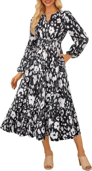 GRACE KARIN Women's Floral Maxi Dress Long Sleeve V Neck Casual A Line Spring Fall Winter Flowy Tiered Dresses with Pockets