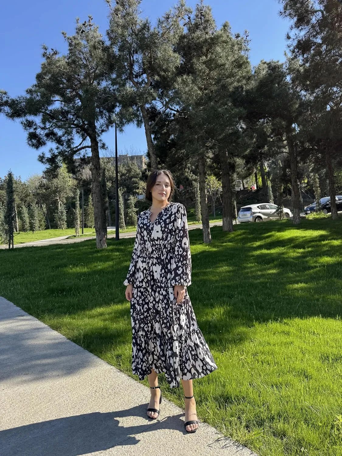 GRACE KARIN Women's Floral Maxi Dress Long Sleeve V Neck Casual A Line Spring Fall Winter Flowy Tiered Dresses with Pockets