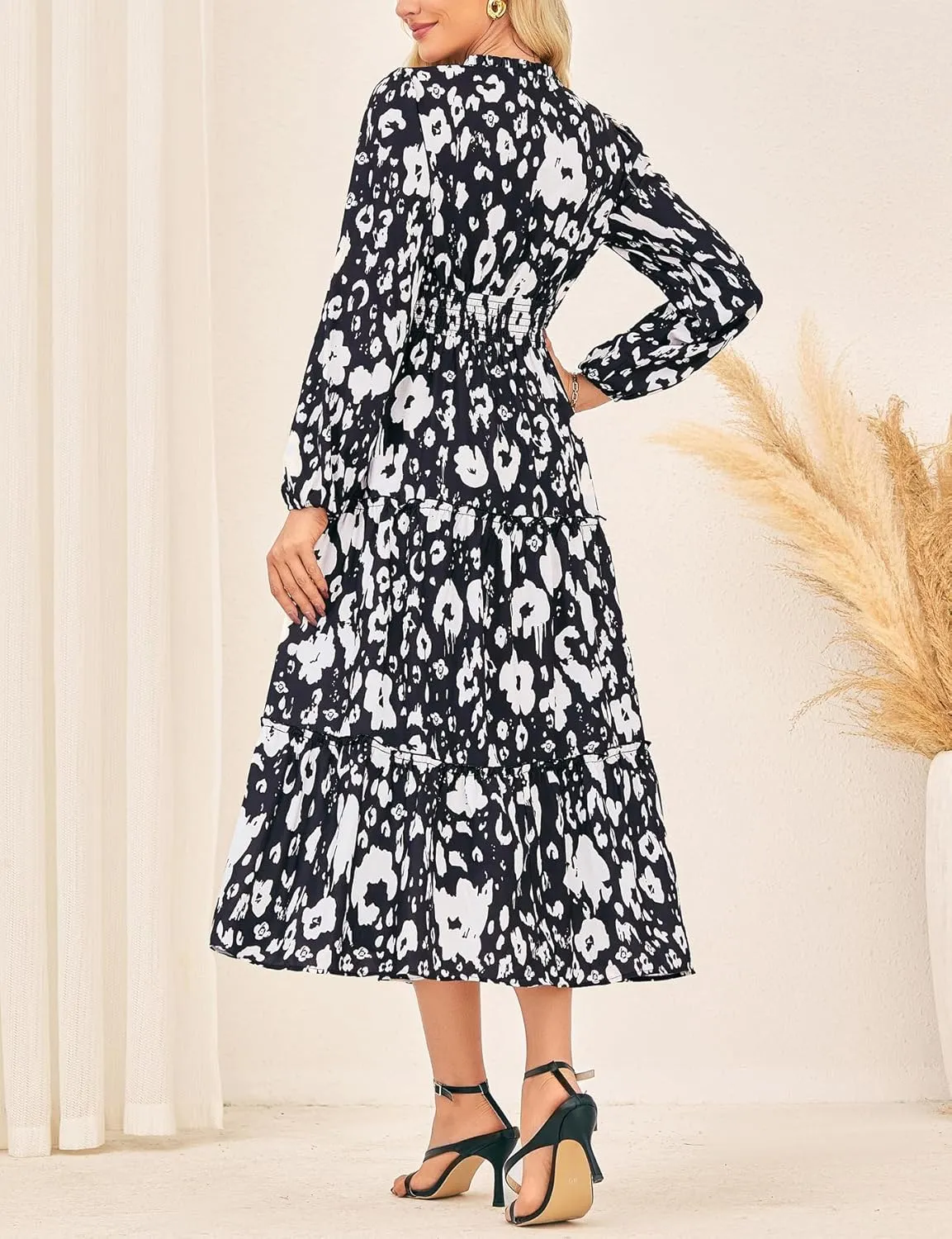 GRACE KARIN Women's Floral Maxi Dress Long Sleeve V Neck Casual A Line Spring Fall Winter Flowy Tiered Dresses with Pockets