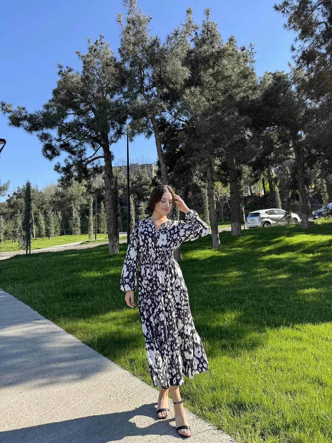 GRACE KARIN Women's Floral Maxi Dress Long Sleeve V Neck Casual A Line Spring Fall Winter Flowy Tiered Dresses with Pockets