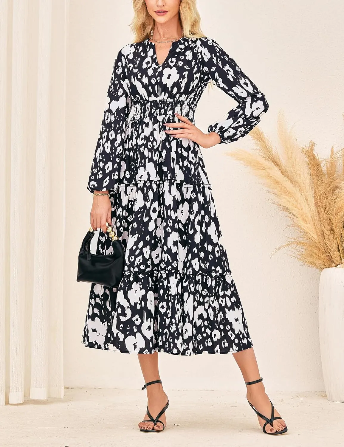 GRACE KARIN Women's Floral Maxi Dress Long Sleeve V Neck Casual A Line Spring Fall Winter Flowy Tiered Dresses with Pockets