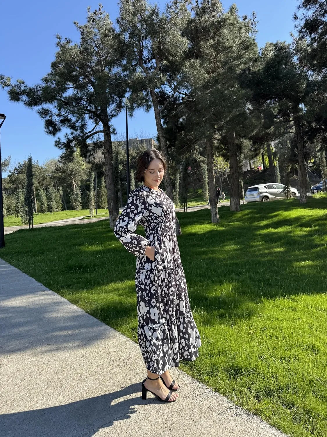 GRACE KARIN Women's Floral Maxi Dress Long Sleeve V Neck Casual A Line Spring Fall Winter Flowy Tiered Dresses with Pockets