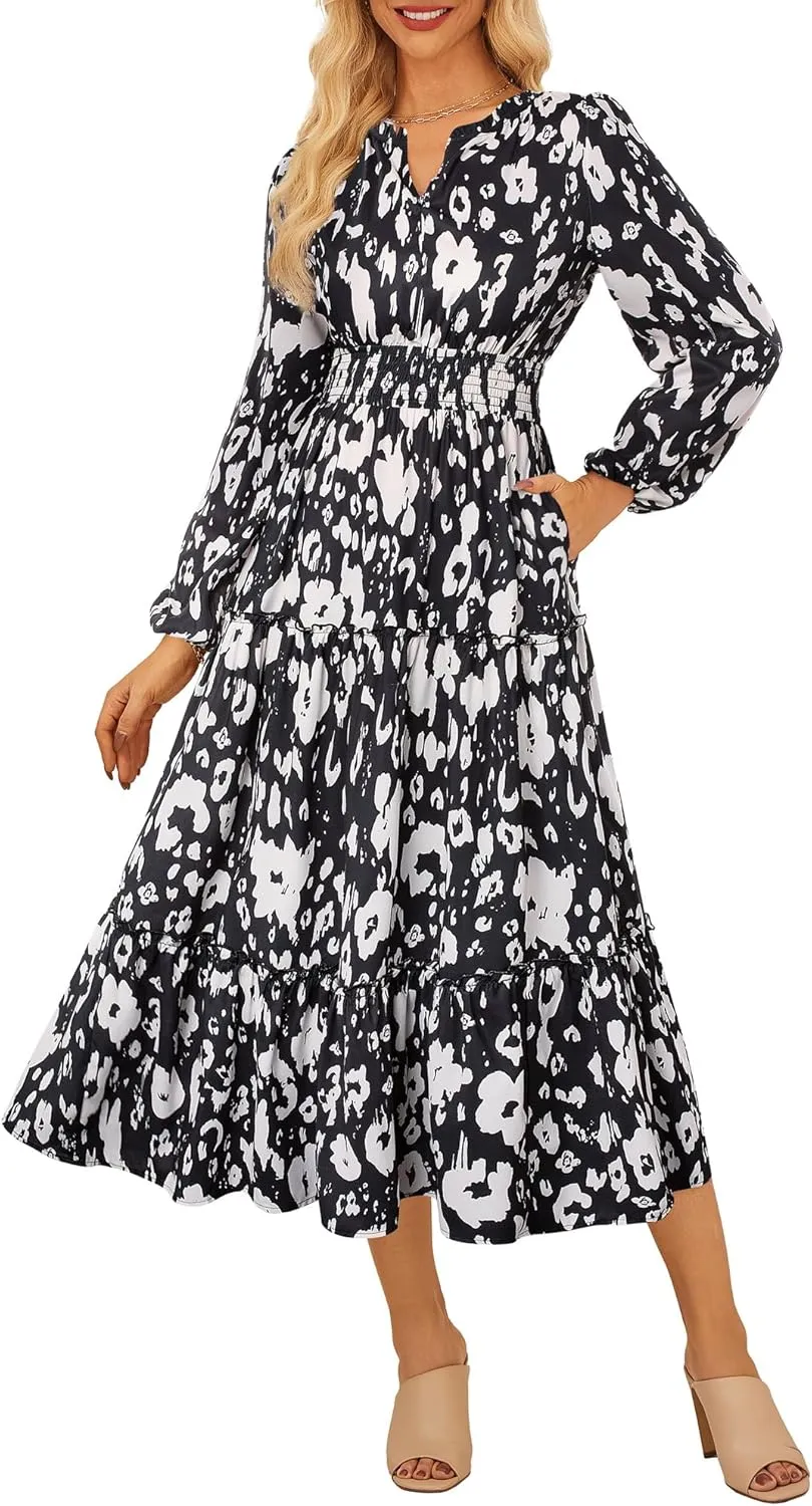 GRACE KARIN Women's Floral Maxi Dress Long Sleeve V Neck Casual A Line Spring Fall Winter Flowy Tiered Dresses with Pockets